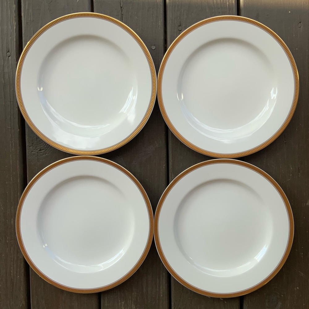 Vintage Epoch Century Gold 4 Dinner Plates Encrusted Art Deco Band 10.5” Korea